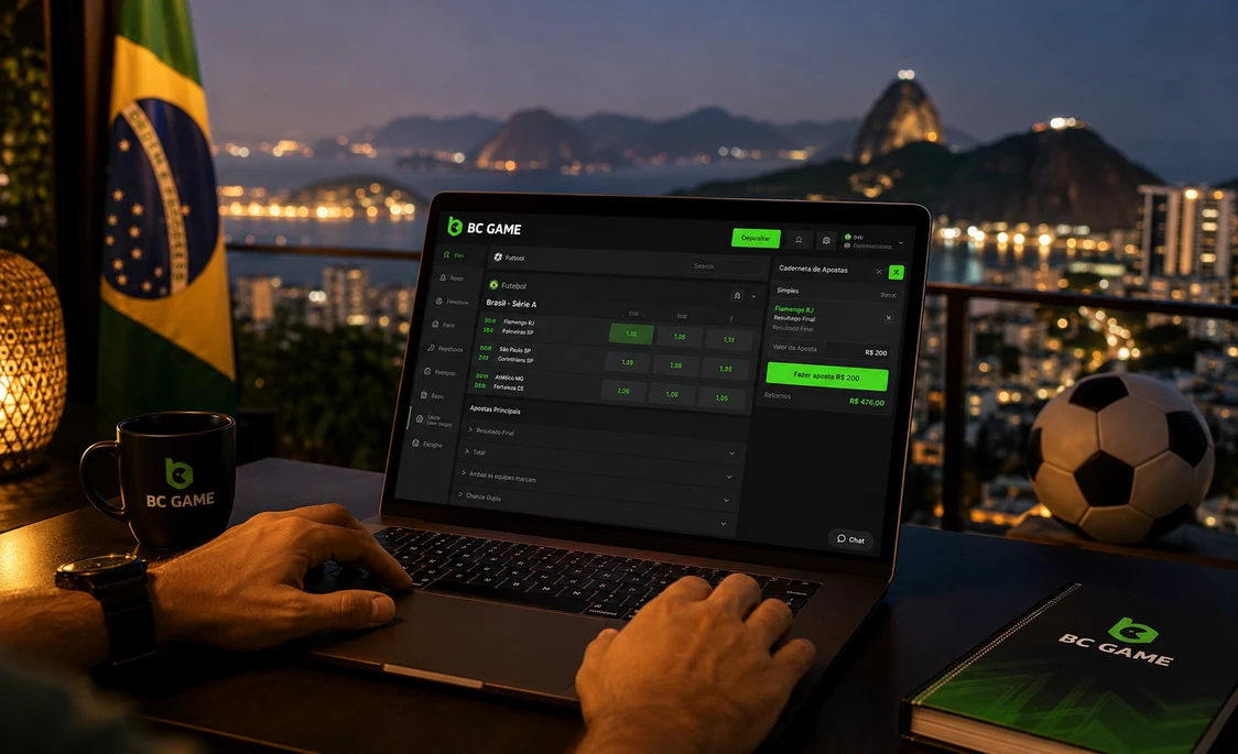 Aposta esportiva sendo feita no BC Game Brazil em um laptop