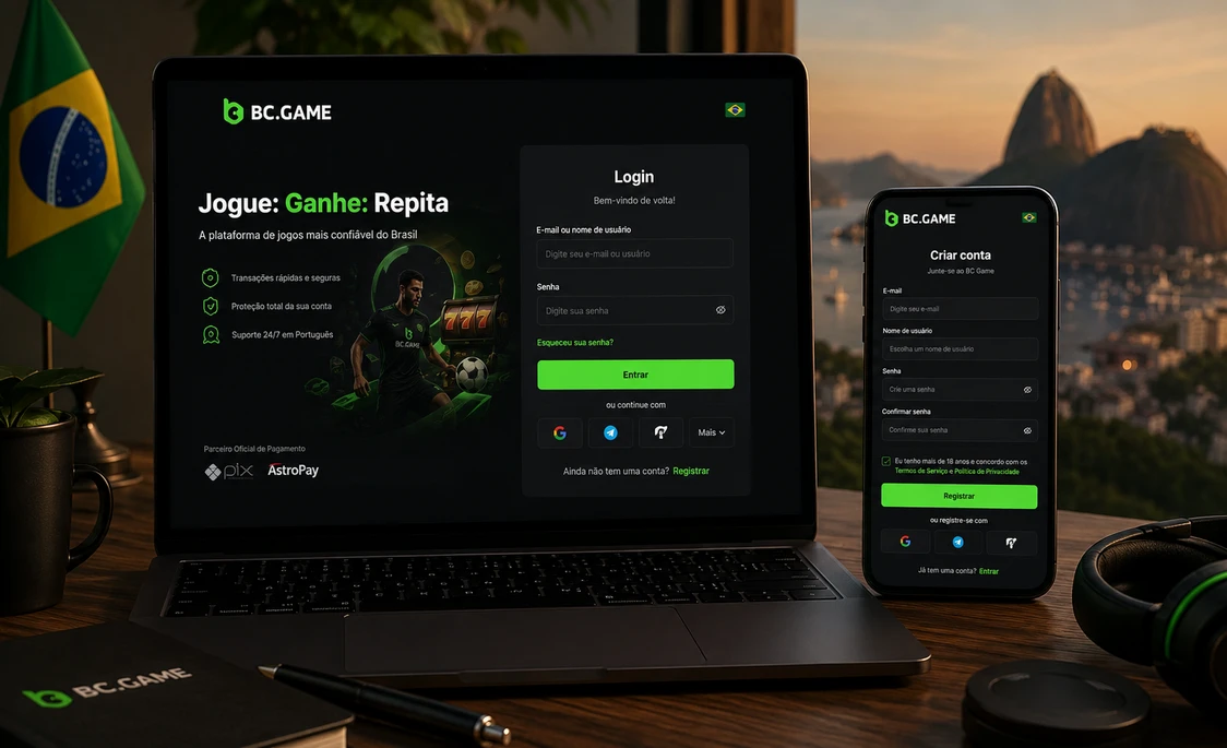 Interface de login e cadastro do BC Game Brazil