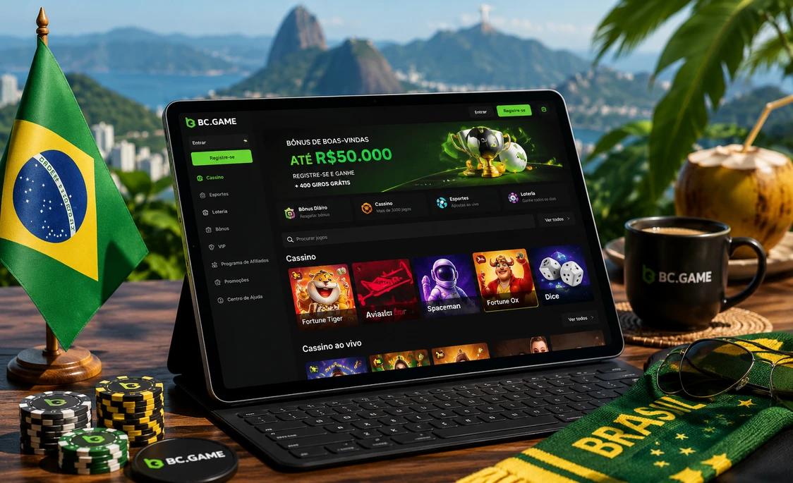 Aplicativo BC Game Brazil aberto em um tablet com elementos do Brasil